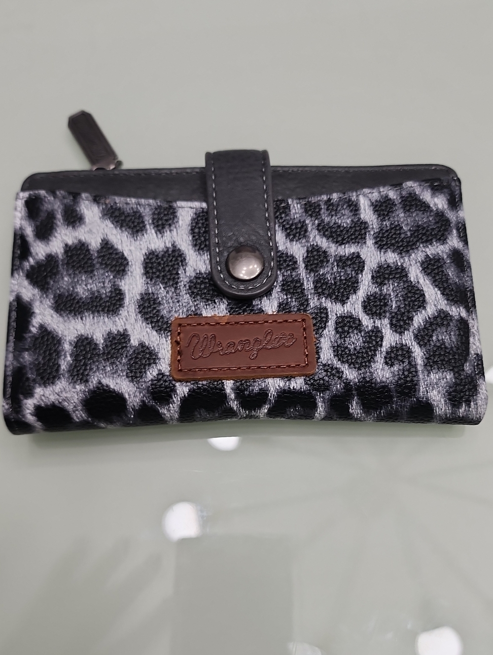 Wrangler Black and White Leopard Print Women's Wallet with Brown Logo Patch